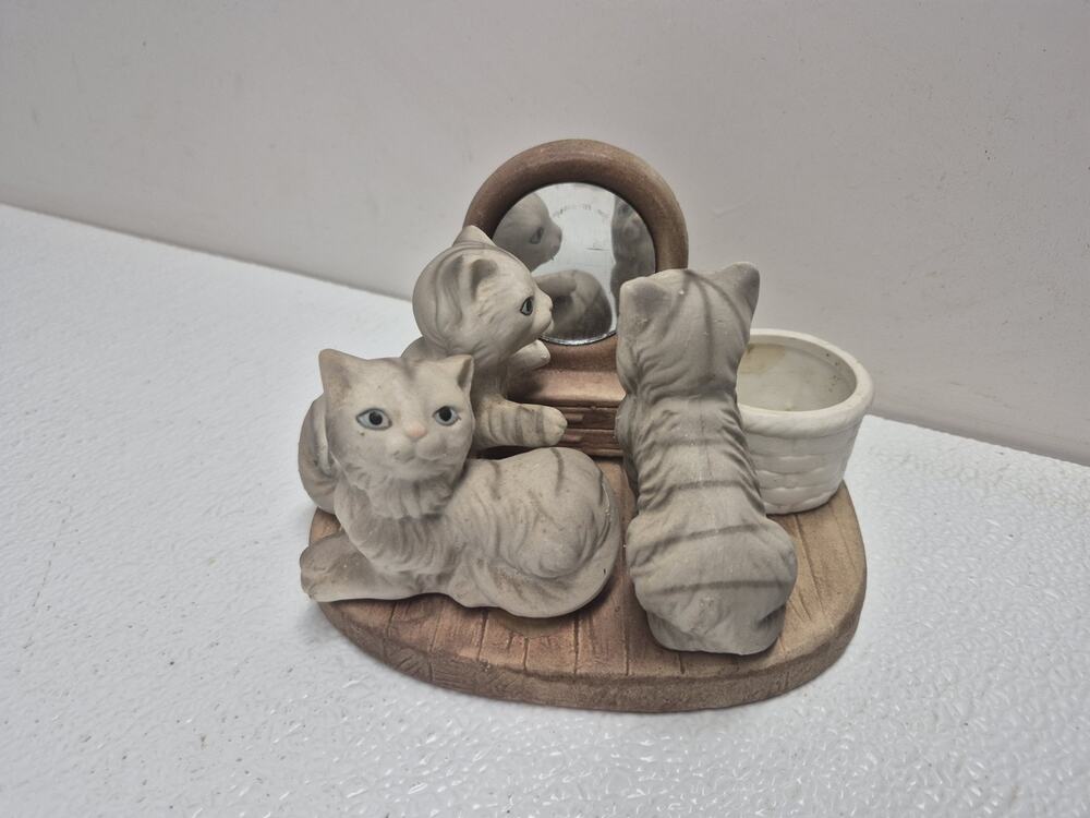Vintage Kitten Cats In Front Of Mirror Figure W/ Tealight Candle Holder